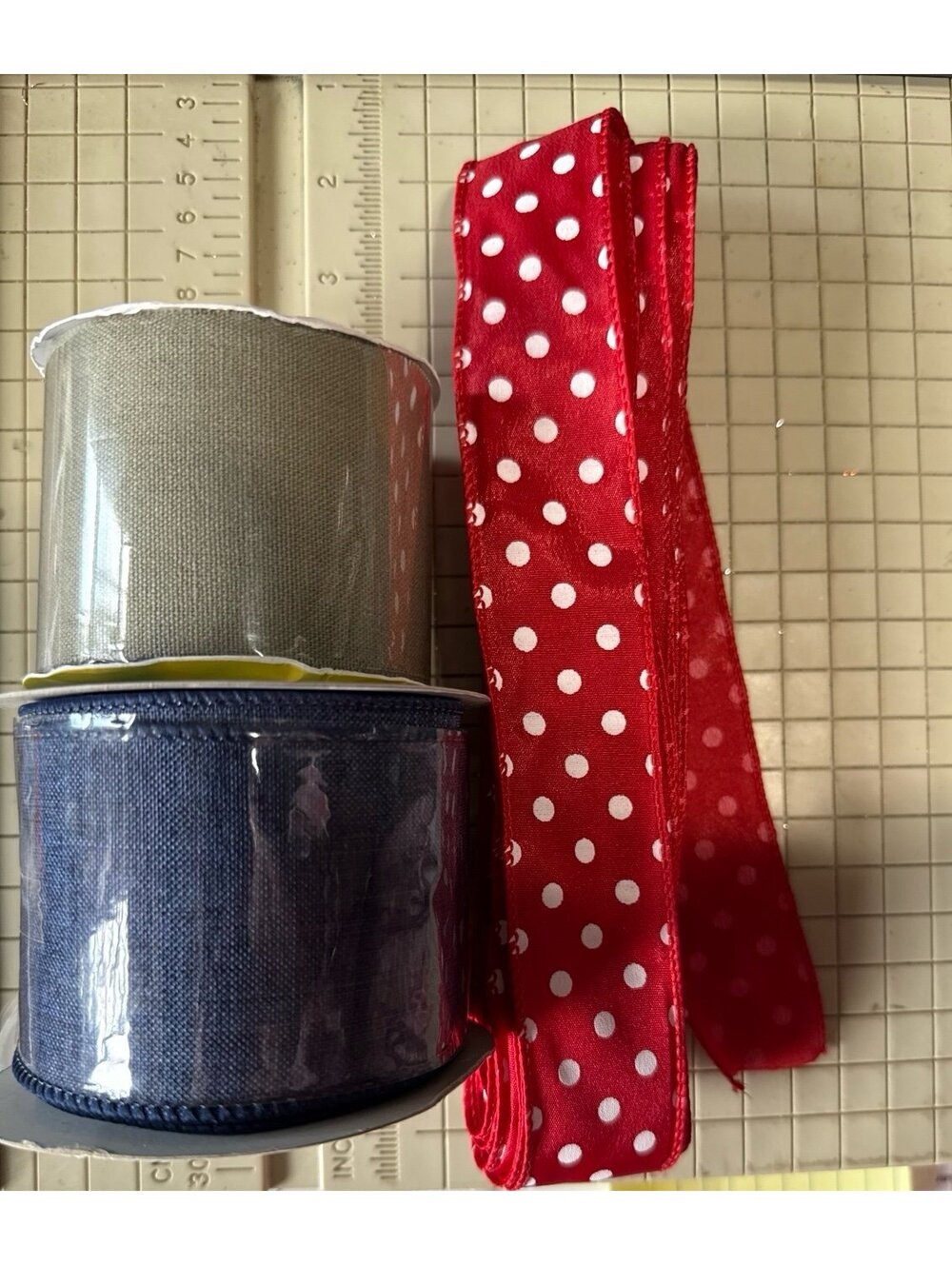 Red White Denim Blue Jean Ribbon Wired 2.5” Polka Dot Olive Green Lot of 23 Yds